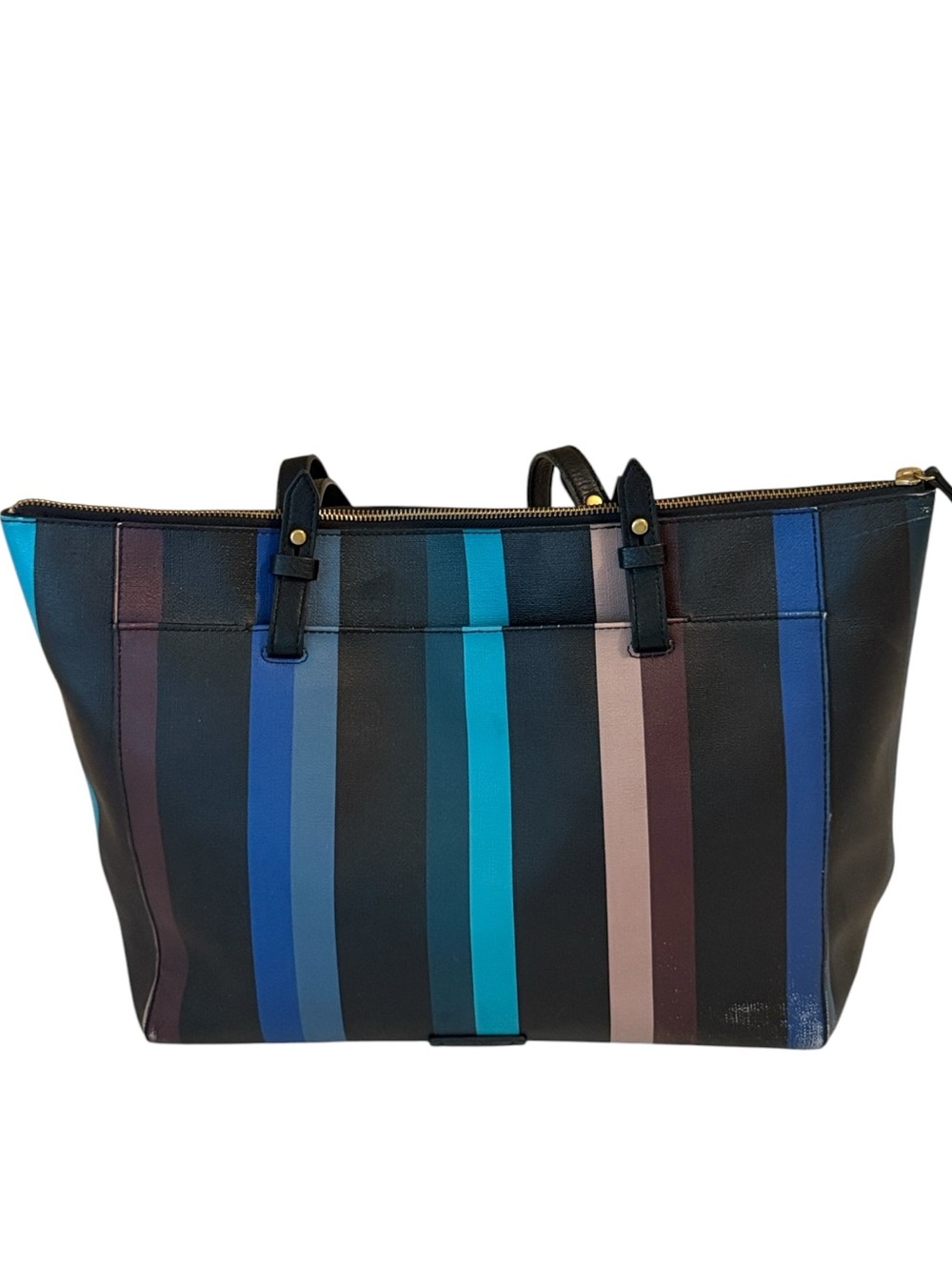 Fossil Rachel Zip Tote in a blue/maroon/teal multi-stripe print, many pockets